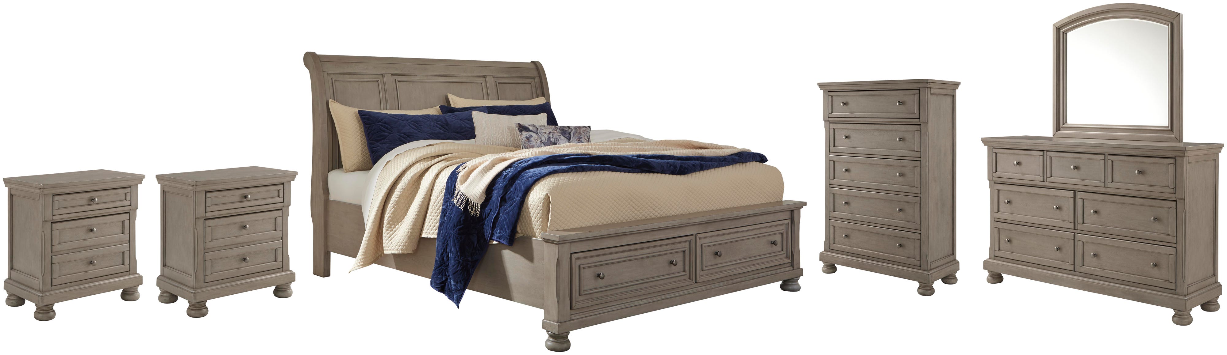 Lettner Sleigh Bed with 2 Storage Drawers with Mirrored Dresser, Chest and 2 Nightstands