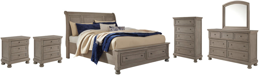 Lettner Sleigh Bed with 2 Storage Drawers with Mirrored Dresser, Chest and 2 Nightstands