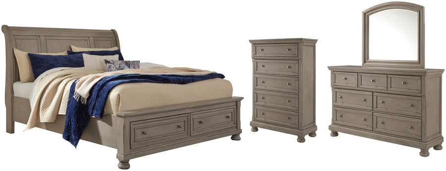 Lettner Sleigh Bed with 2 Storage Drawers with Mirrored Dresser and Chest