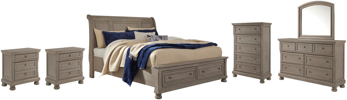 Lettner Sleigh Bed with Mirrored Dresser, Chest and 2 Nightstands