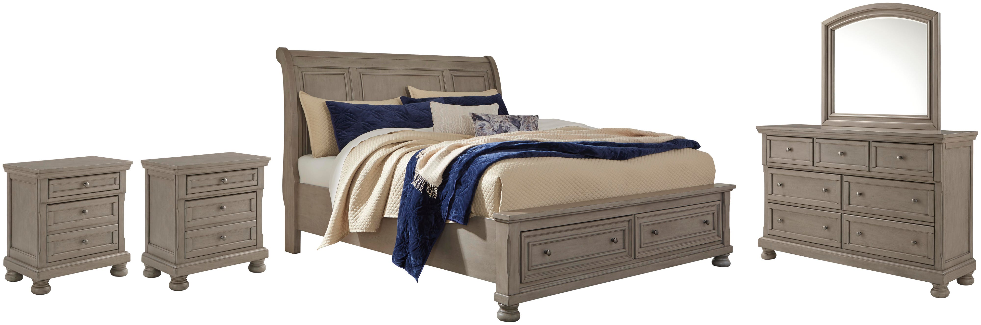 Lettner Sleigh Bed with 2 Storage Drawers with Mirrored Dresser and 2 Nightstands