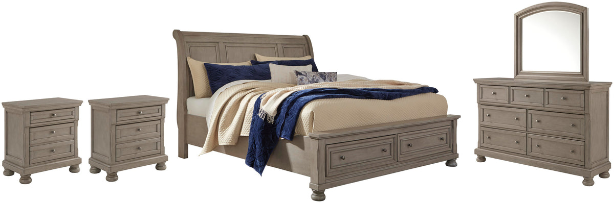 Lettner Sleigh Bed with 2 Storage Drawers with Mirrored Dresser and 2 Nightstands