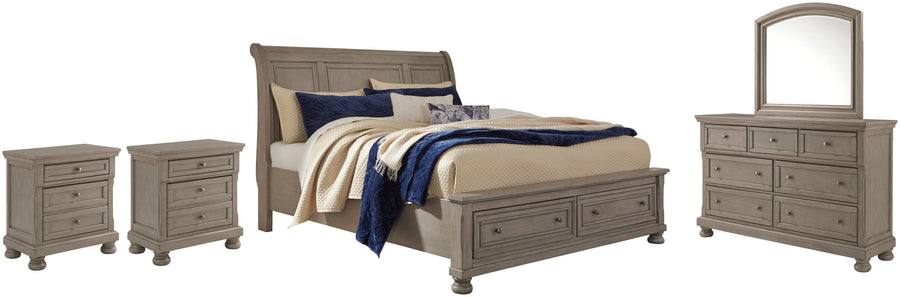 Lettner Sleigh Bed with Mirrored Dresser and 2 Nightstands