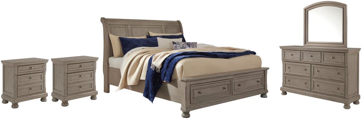 Lettner Sleigh Bed with Mirrored Dresser and 2 Nightstands