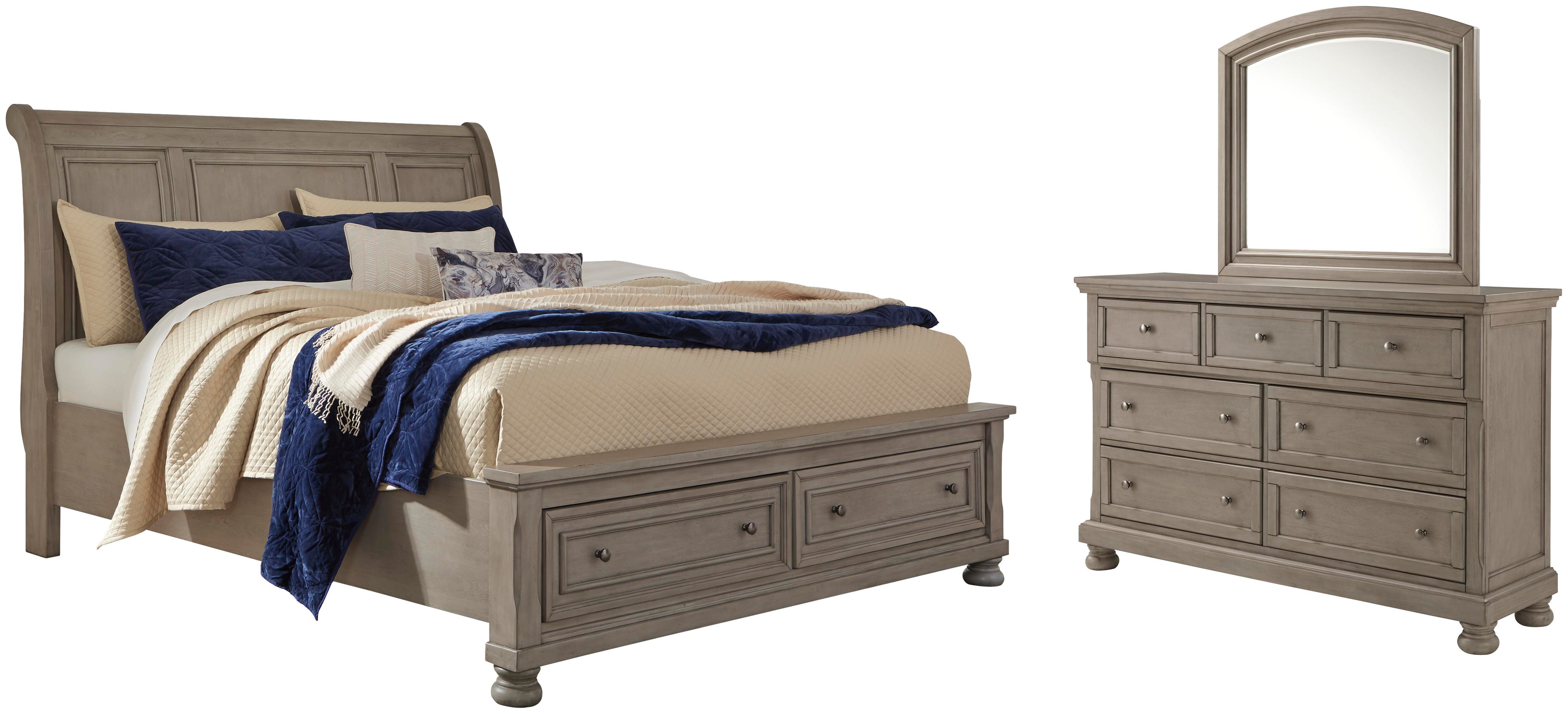 Lettner Sleigh Bed with Mirrored Dresser