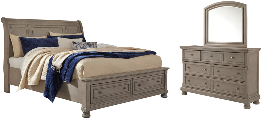 Lettner Sleigh Bed with 2 Storage Drawers with Mirrored Dresser