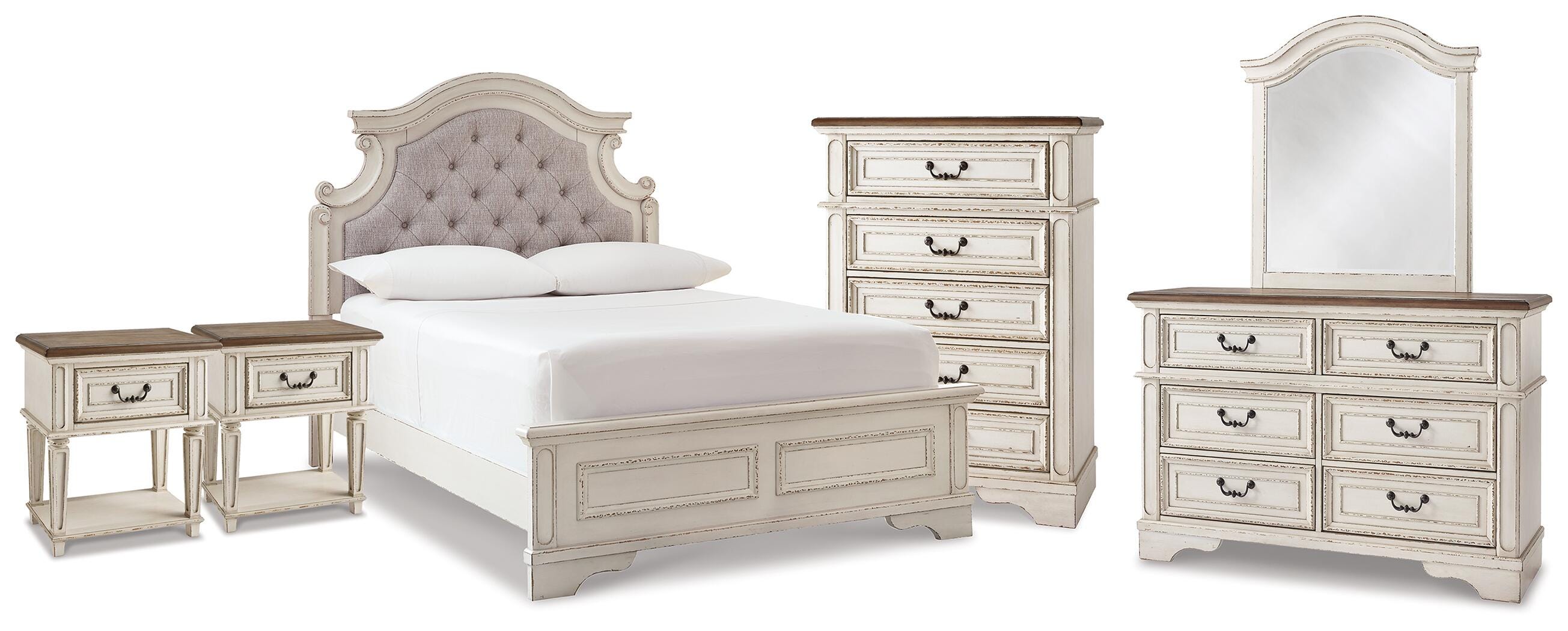 Realyn Upholstered Panel Bed, Dresser, Mirror, Chest and 2 Nightstands