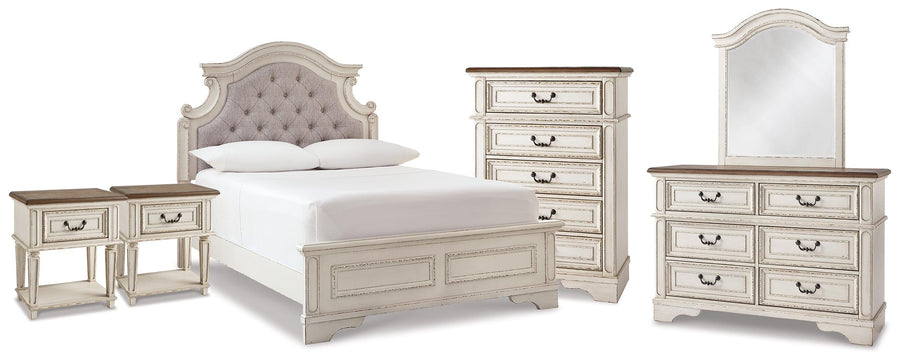 Realyn Upholstered Panel Bed, Dresser, Mirror, Chest and 2 Nightstands