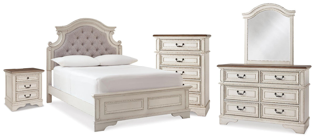 Realyn Panel Bed, Dresser, Mirror, Chest and Nightstand