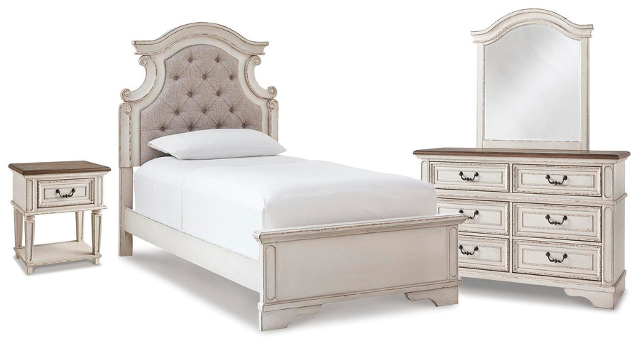 Realyn Panel Bed, Dresser, Mirror and Nightstand