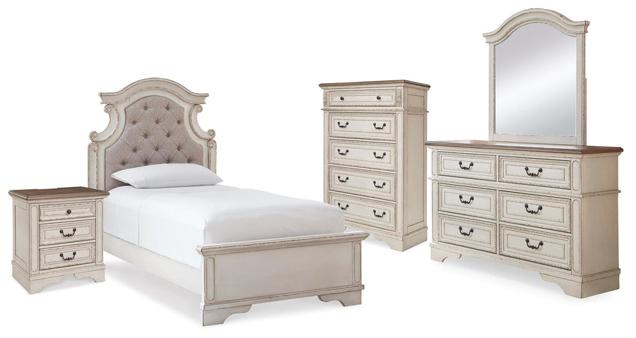Realyn Panel Bed, Dresser, Mirror, Chest and Nightstand