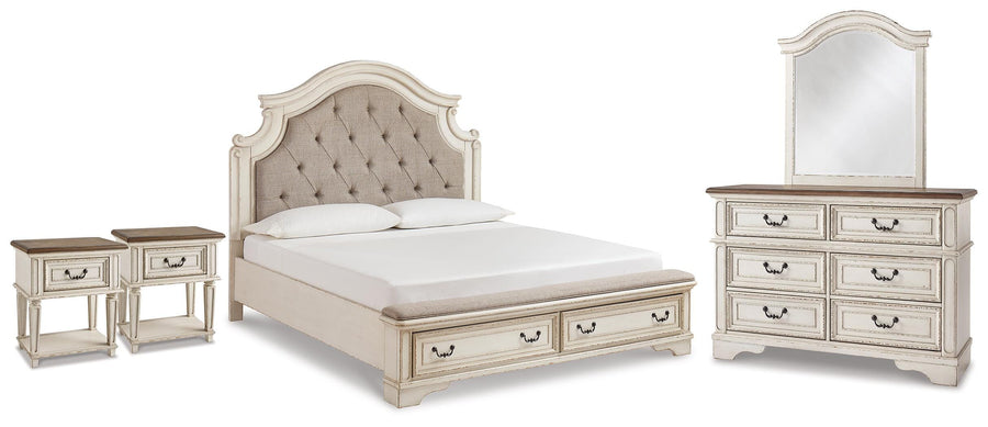 Realyn Panel Storage Bed, Dresser, Mirror and 2 Nightstands
