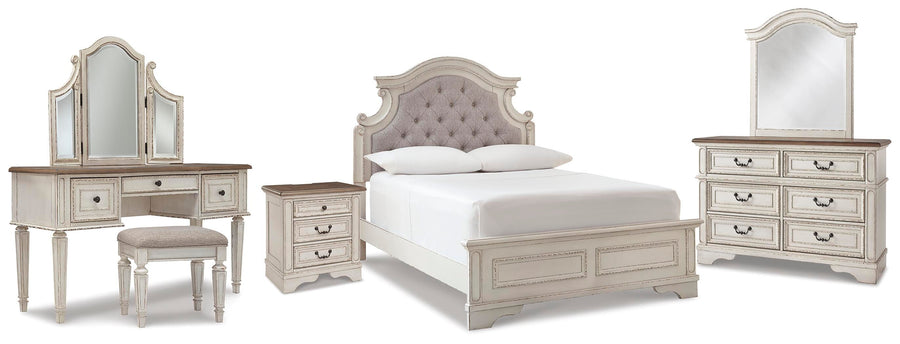 Realyn Panel Bed, Dresser, Mirror, 3-Piece Vanity and Nightstand