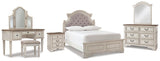 Realyn Panel Bed, Dresser, Mirror, 3-Piece Vanity and Nightstand