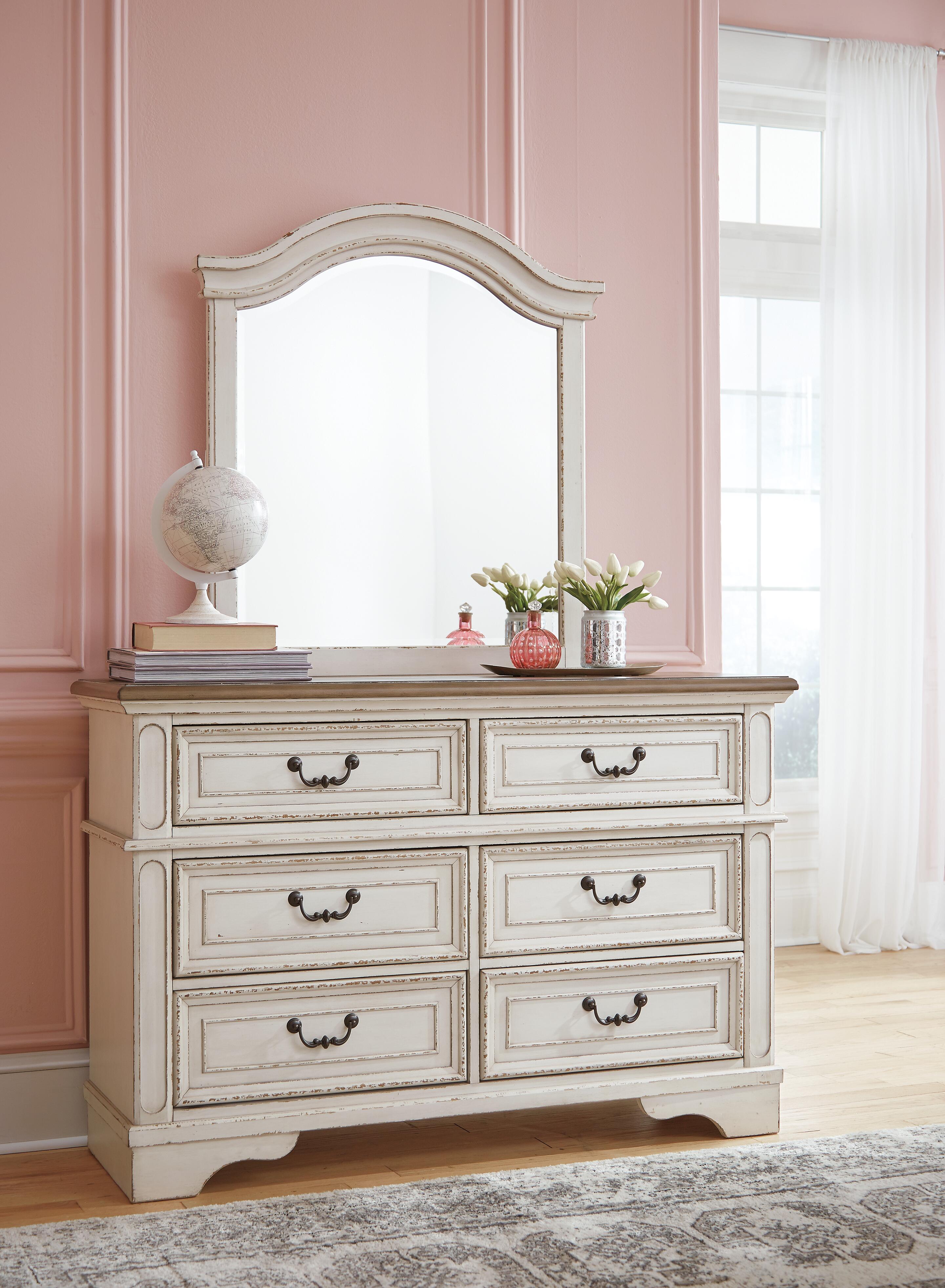 Realyn Upholstered Panel Bed, Dresser, Mirror, Chest and 2 Nightstands