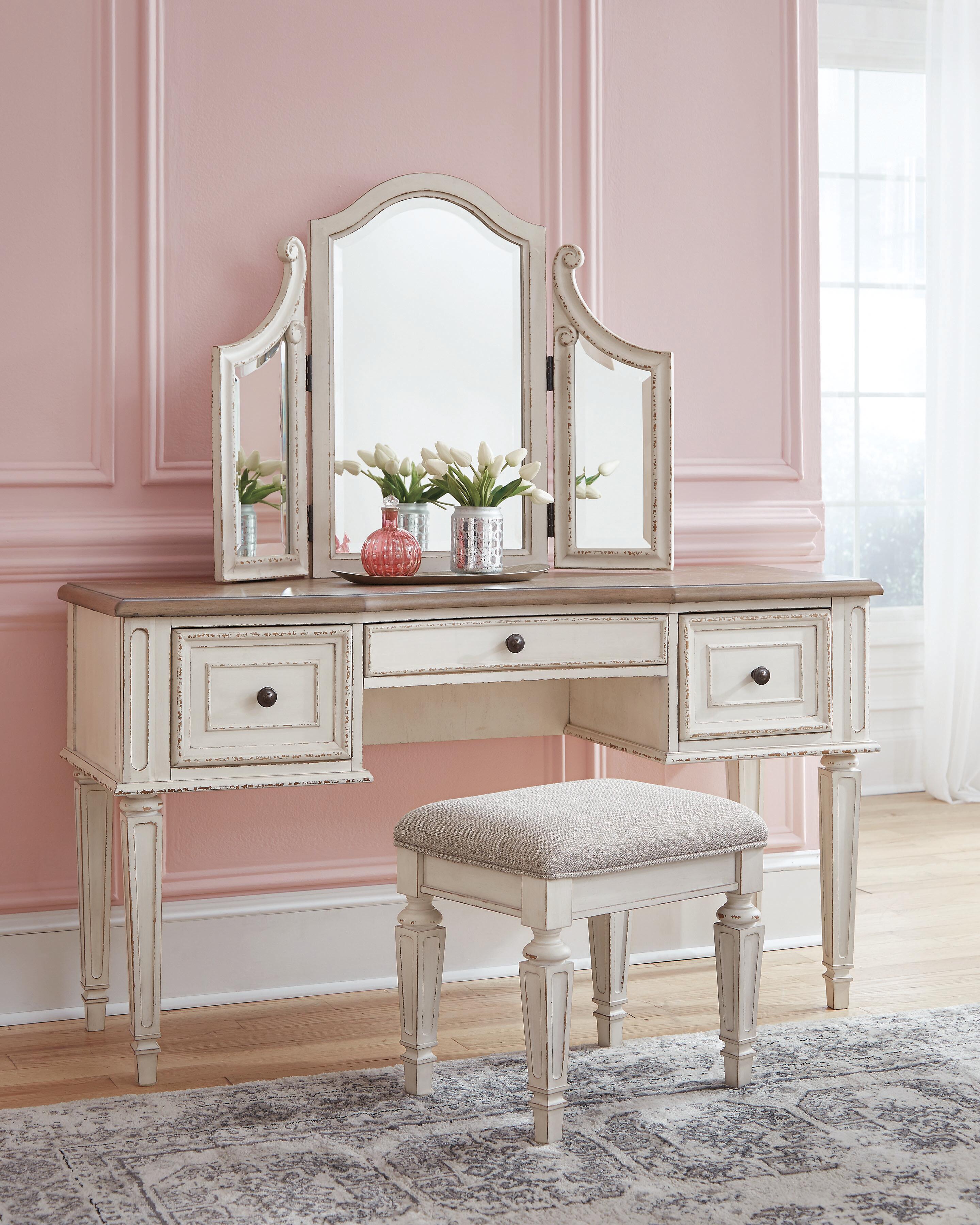 Realyn Upholstery Panel Bed, Dresser, Chest, Nightstand, and Vanity Set