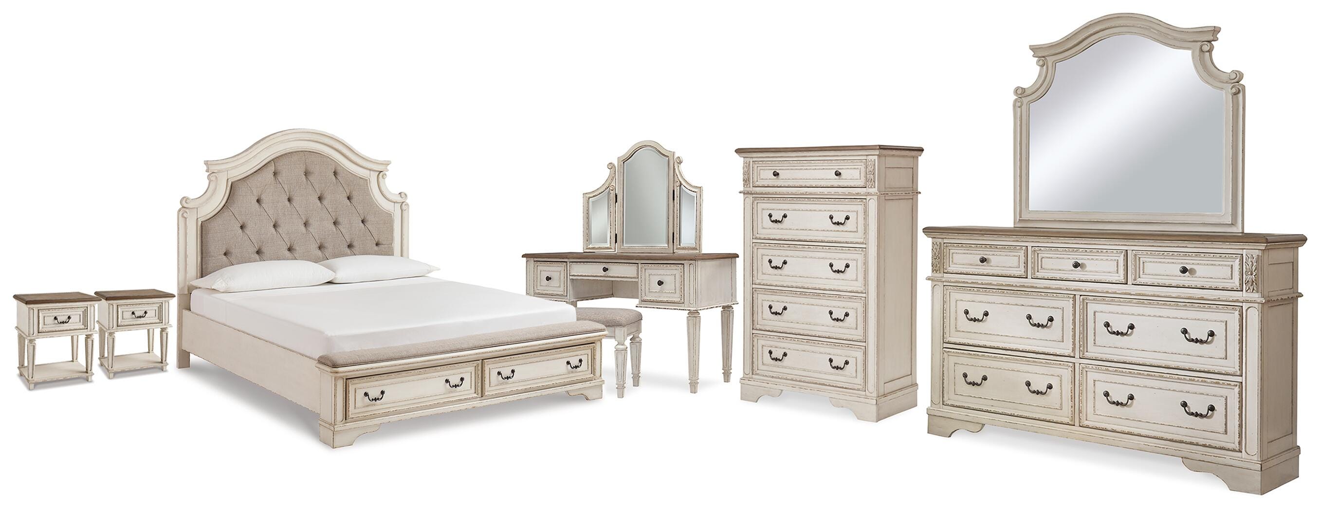 Realyn Storage Bed, Dresser, Mirror, Chest, Vanity with Stool and 2 Nightstands