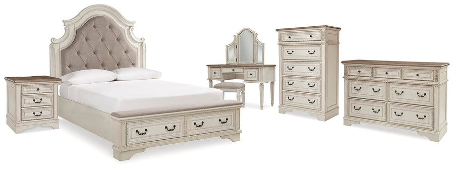Realyn Upholstery Panel Bed, Dresser, Chest, Nightstand, and Vanity Set