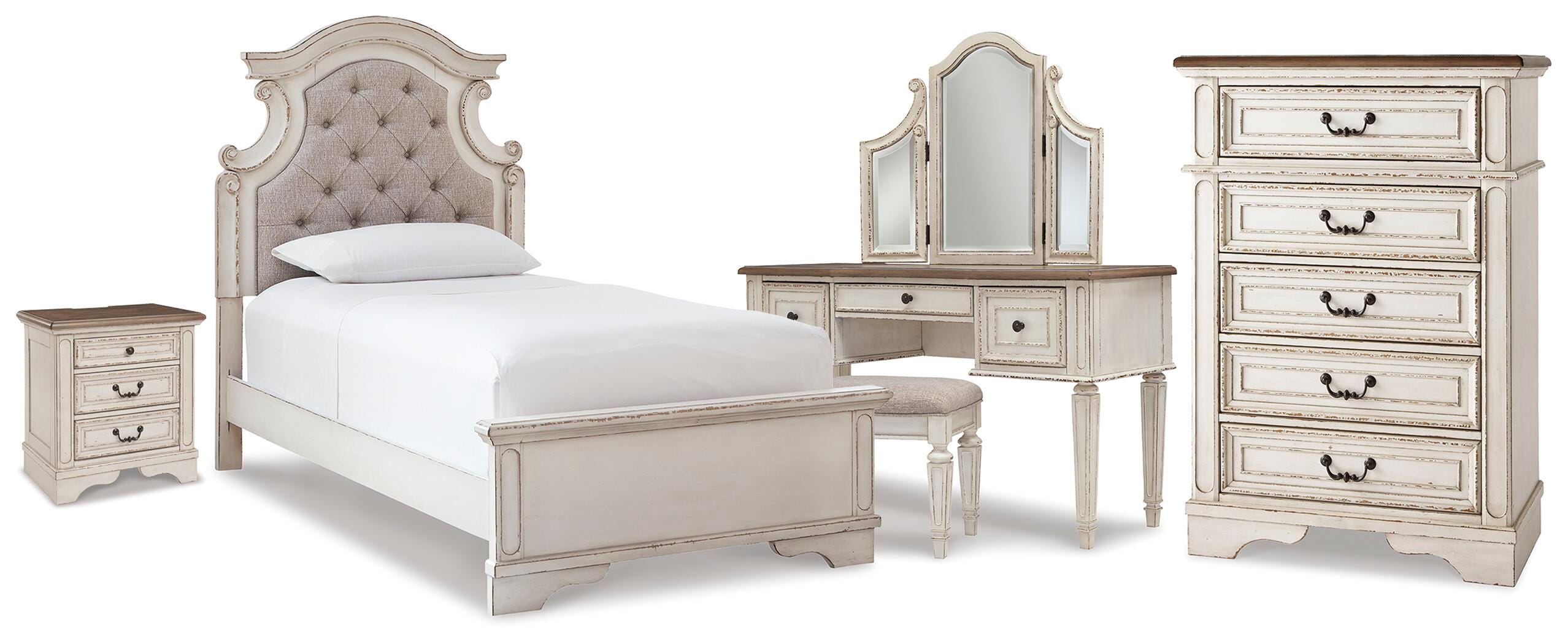 Realyn Upholstered Panel Bed, Chest, Vanity and Nightstand