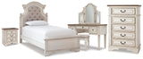 Realyn Upholstered Panel Bed, Chest, Vanity and Nightstand