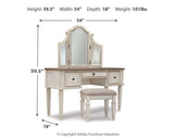 Realyn Upholstered Panel Bed, Chest, Vanity and Nightstand