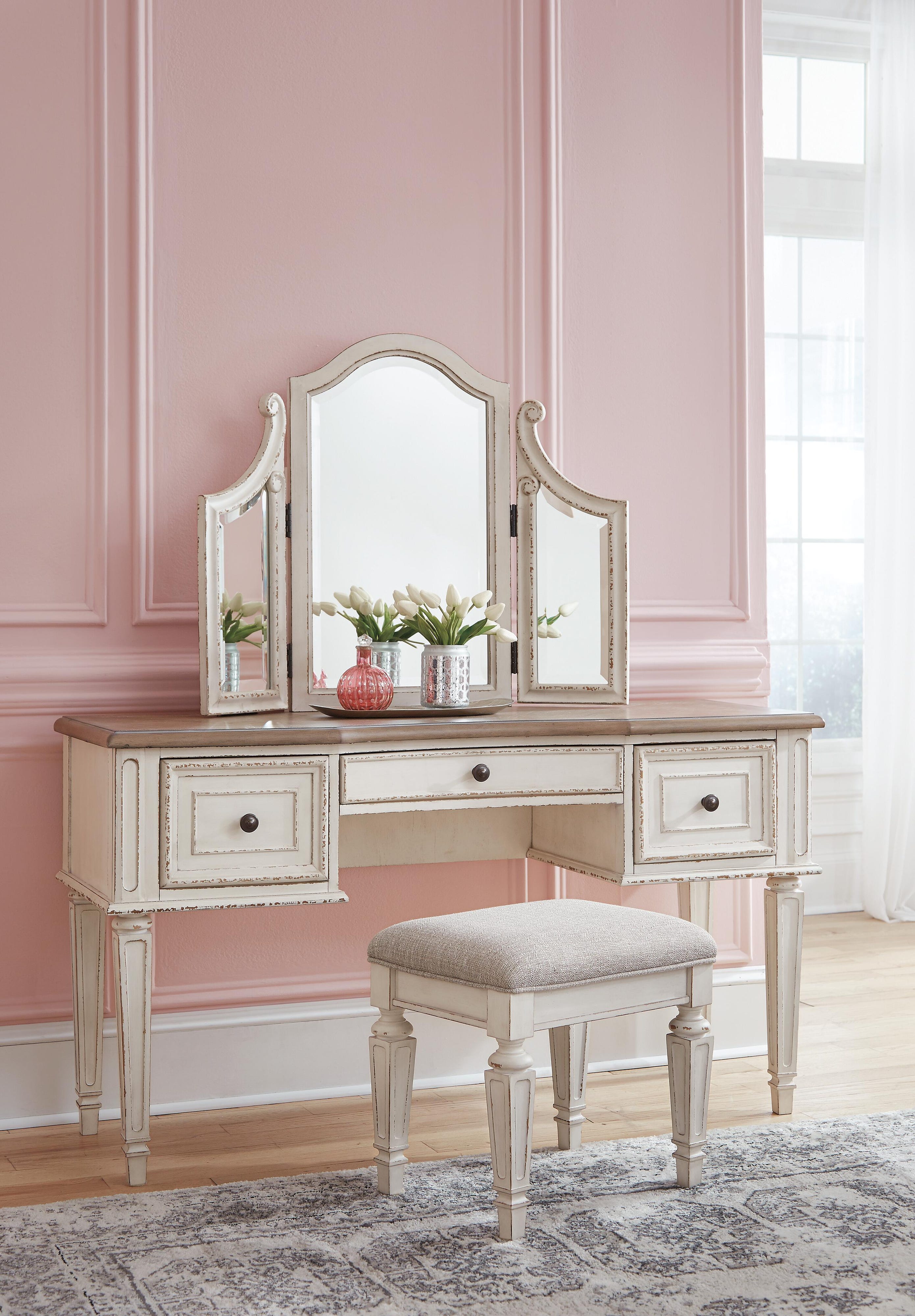 Realyn Panel Bed, Dresser, Mirror and Vanity
