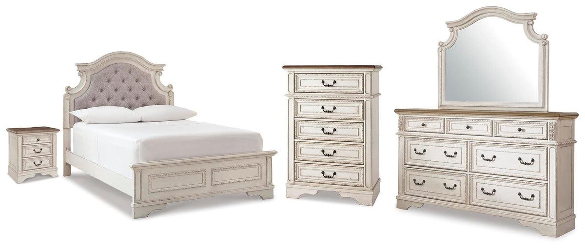 Realyn Upholstered Panel Bed, Dresser, Mirror, Chest and Nightstand