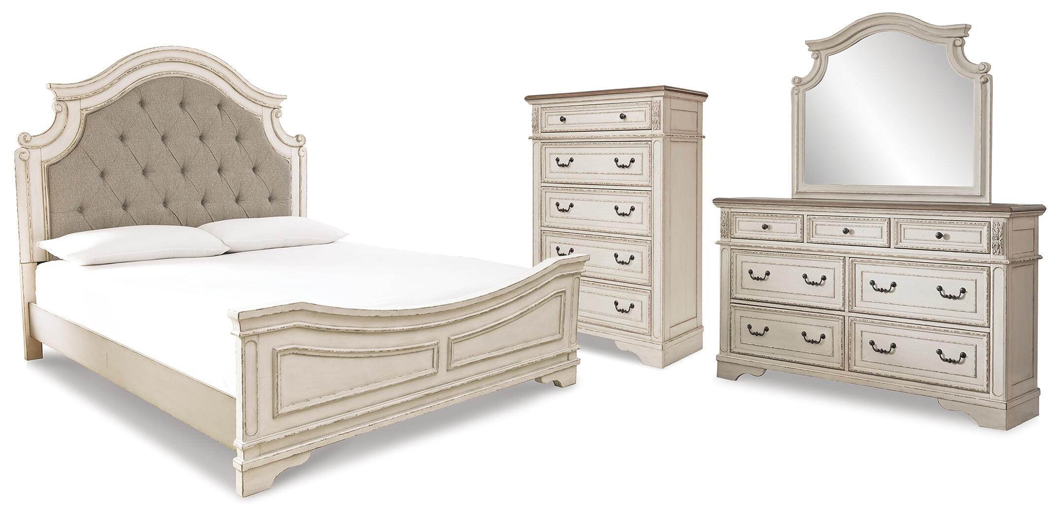 Realyn Panel Bed, Dresser, Mirror and Chest
