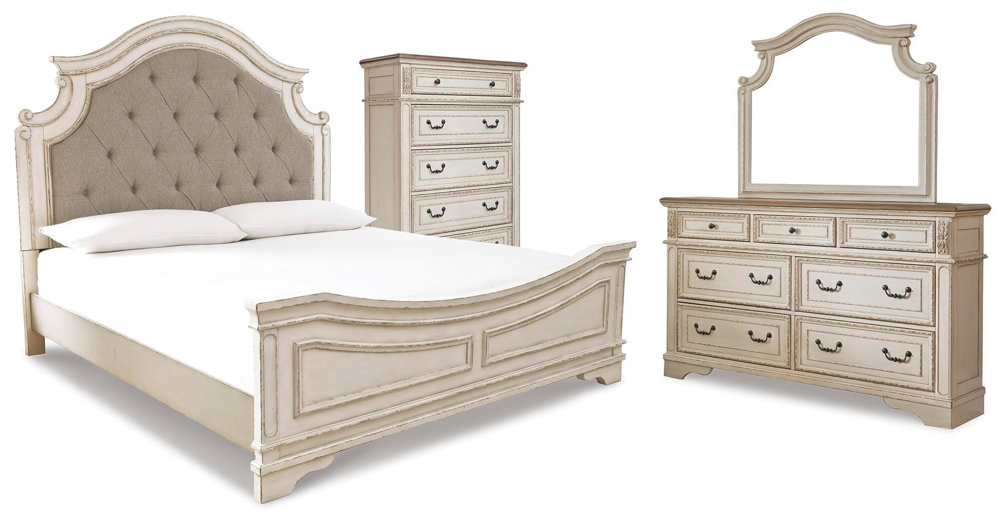 Realyn Panel Bed, Dresser, Mirror and Chest
