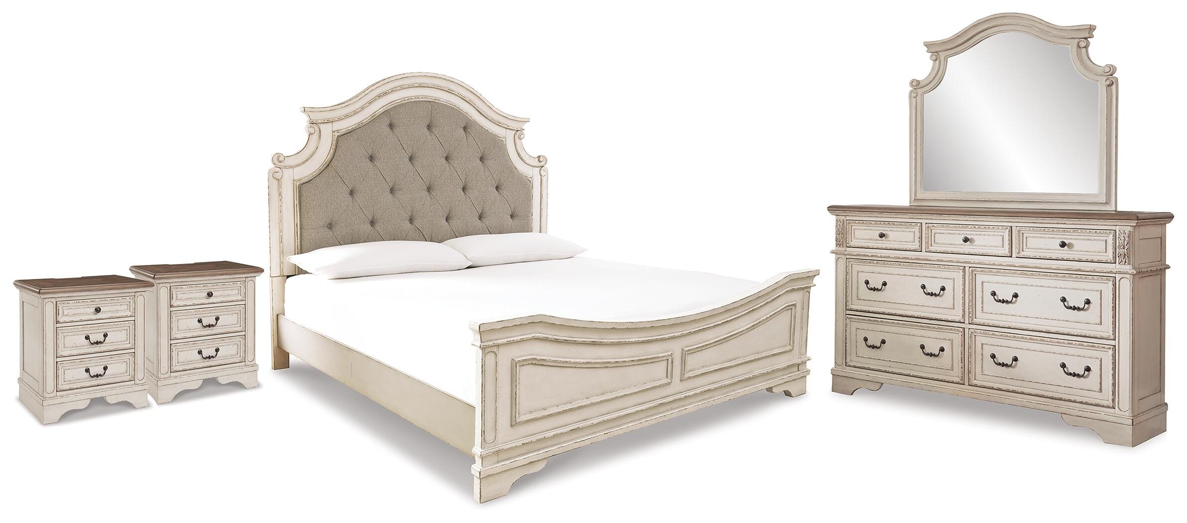 Realyn Panel Bed, Dresser, Mirror and 2 Nightstands