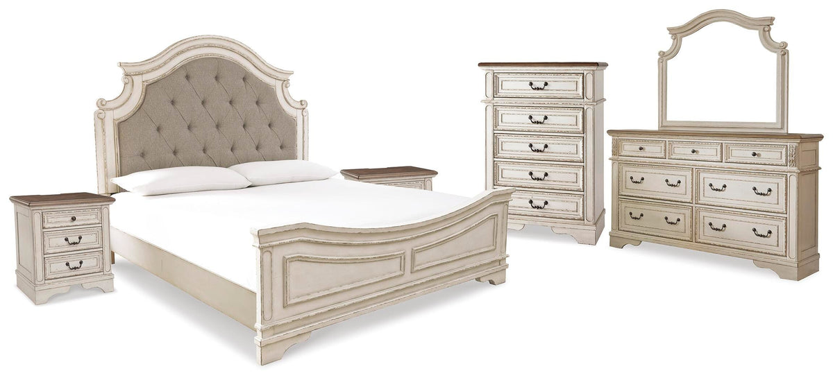 Realyn Upholstered Panel Bed, Dresser, Mirror, Chest and 2 Nightstands