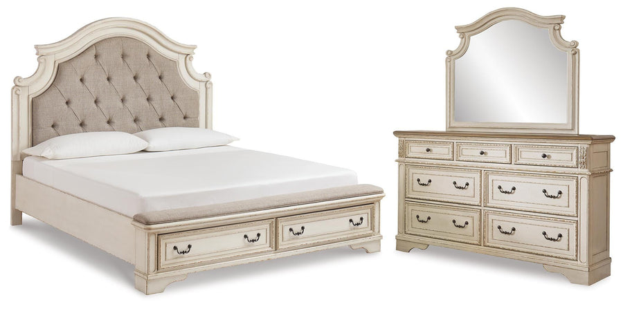 Realyn Upholstered Bed with Dresser and Mirror