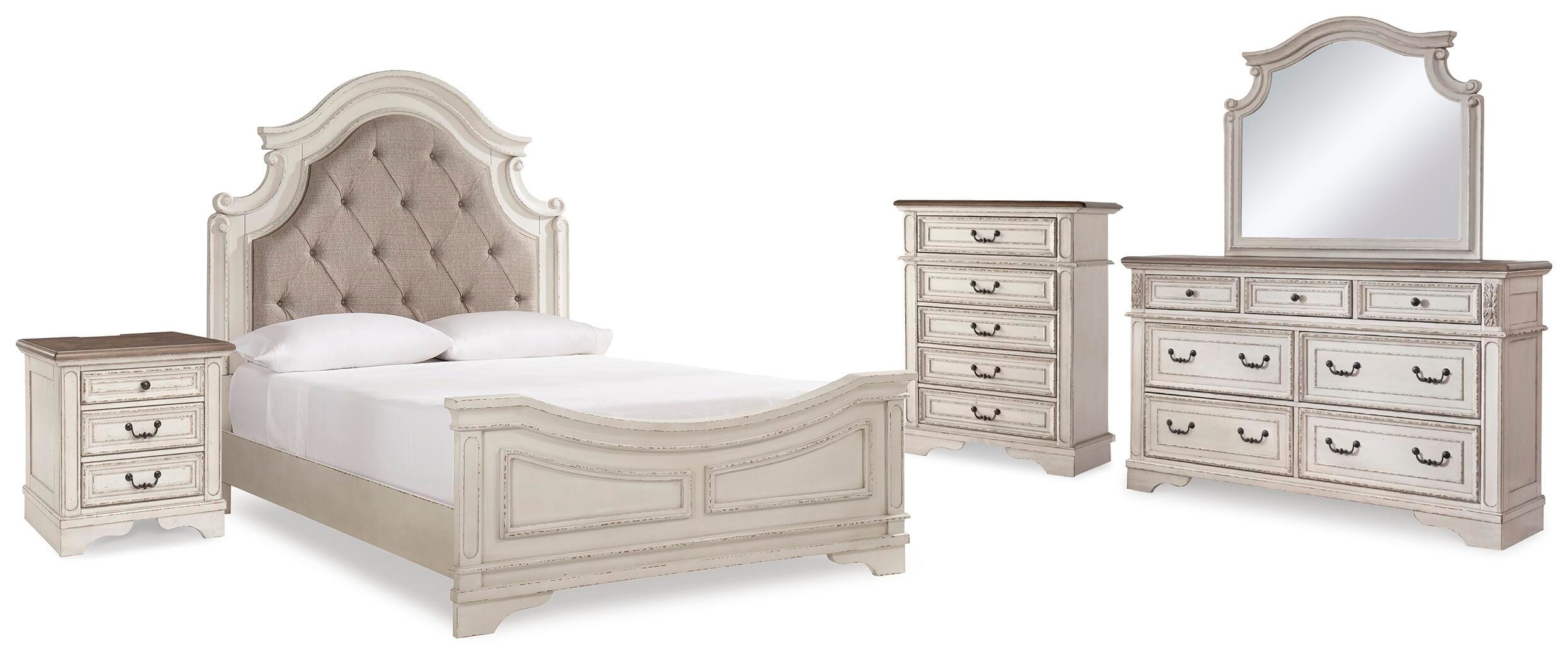 Realyn Upholstered Panel Bed, Dresser, Mirror, Chest and Nightstand