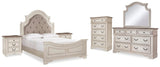 Realyn Upholstered Panel Bed, Dresser, Mirror, Chest and 2 Nightstands