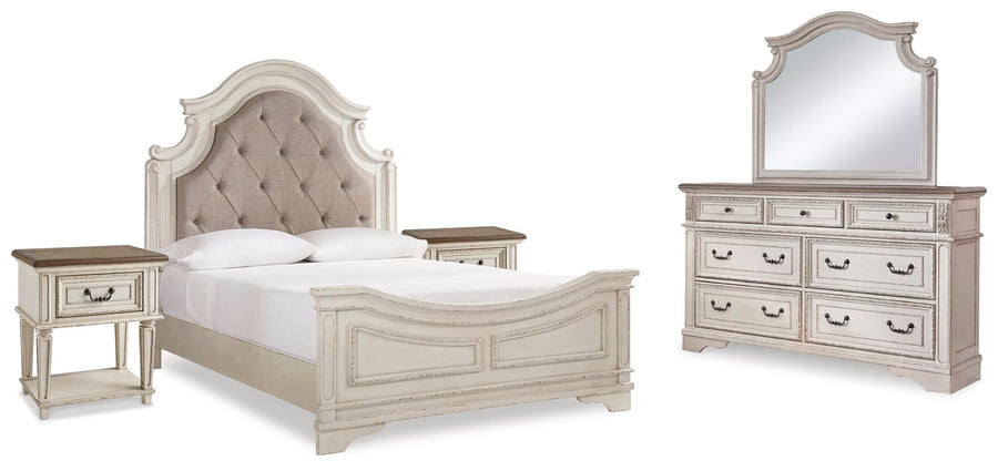 Realyn Upholstered Panel Bed, Dresser, Mirror and 2 Nightstands