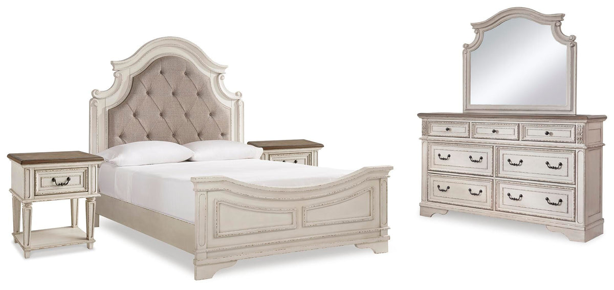 Realyn Upholstered Panel Bed, Dresser, Mirror and 2 Nightstands