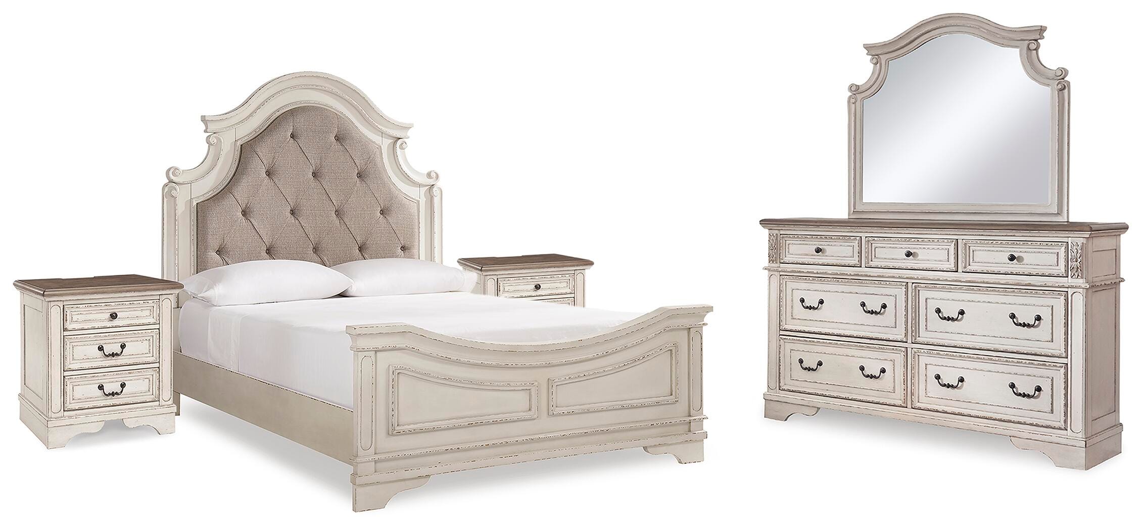 Realyn Upholstered Panel Bed, Dresser, Mirror and 2 Nightstands