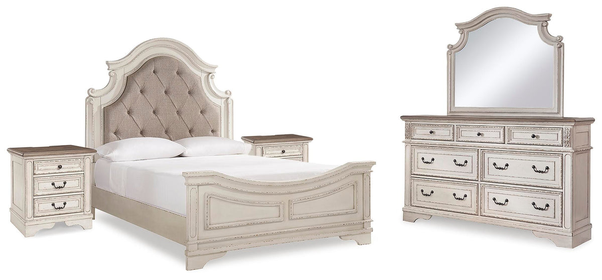 Realyn Upholstered Panel Bed, Dresser, Mirror and 2 Nightstands