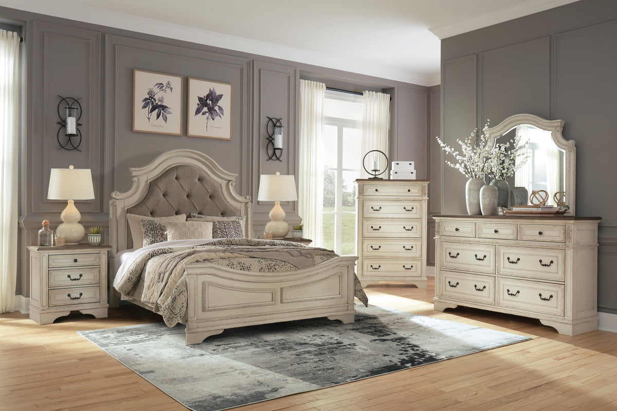 Realyn Upholstered Panel Bed, Dresser, Mirror, Chest and 2 Nightstands