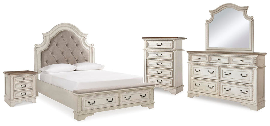 Realyn Panel Bed, Dresser, Mirror, Chest and Nightstand