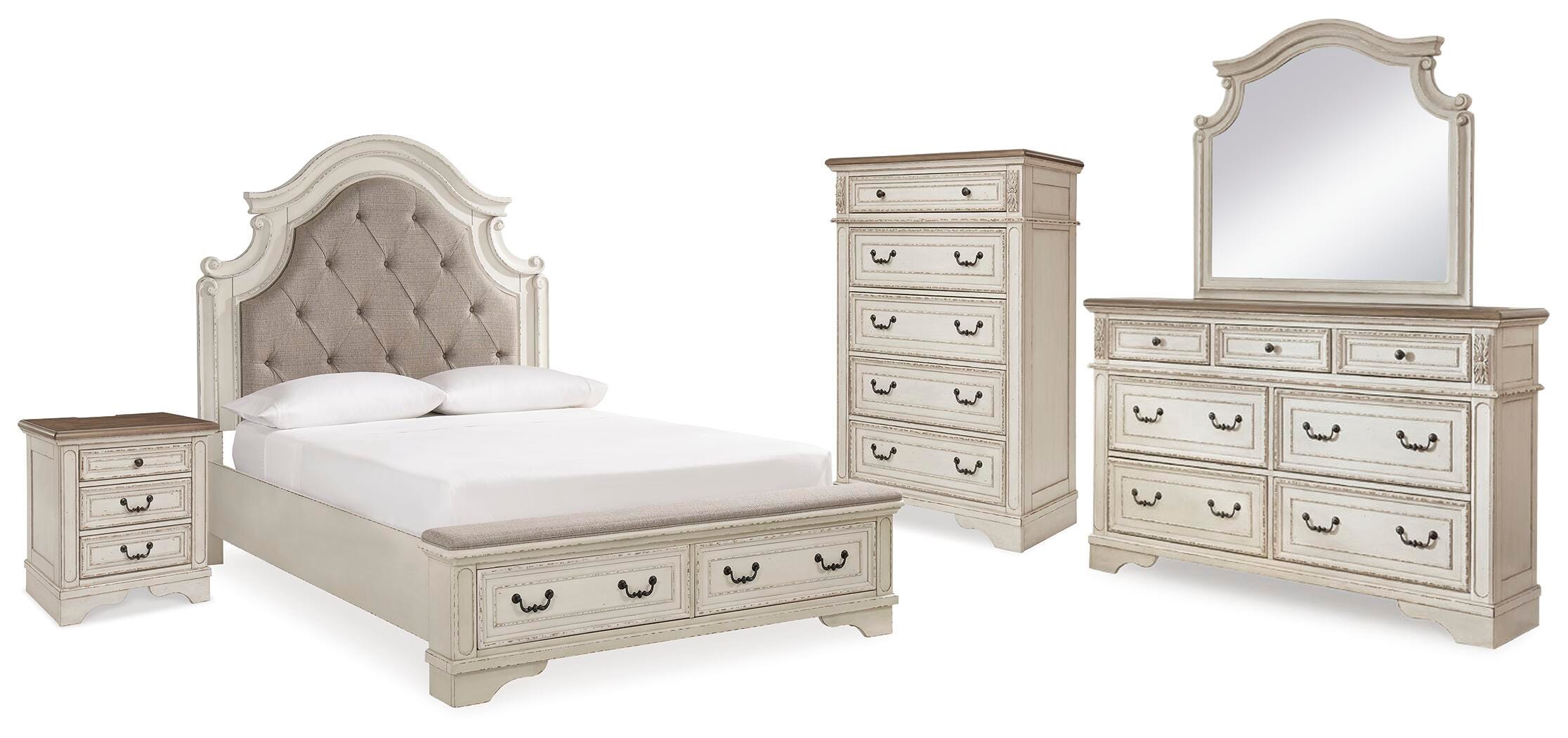Realyn Upholstered Bed, Dresser, Mirror, Chest and Nightstand