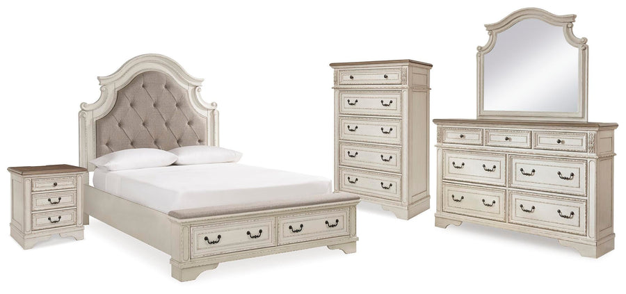 Realyn Upholstered Bed, Dresser, Mirror, Chest and Nightstand