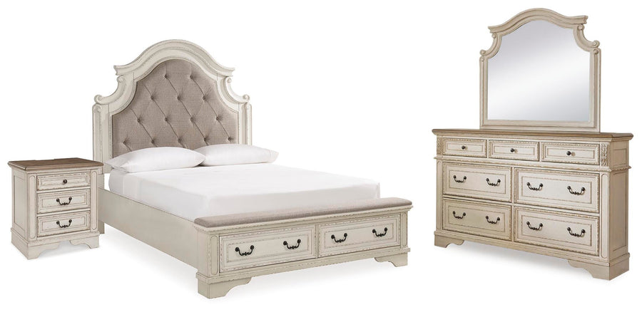 Realyn Upholstery Panel Bed, Dresser, Mirror and Nightstand