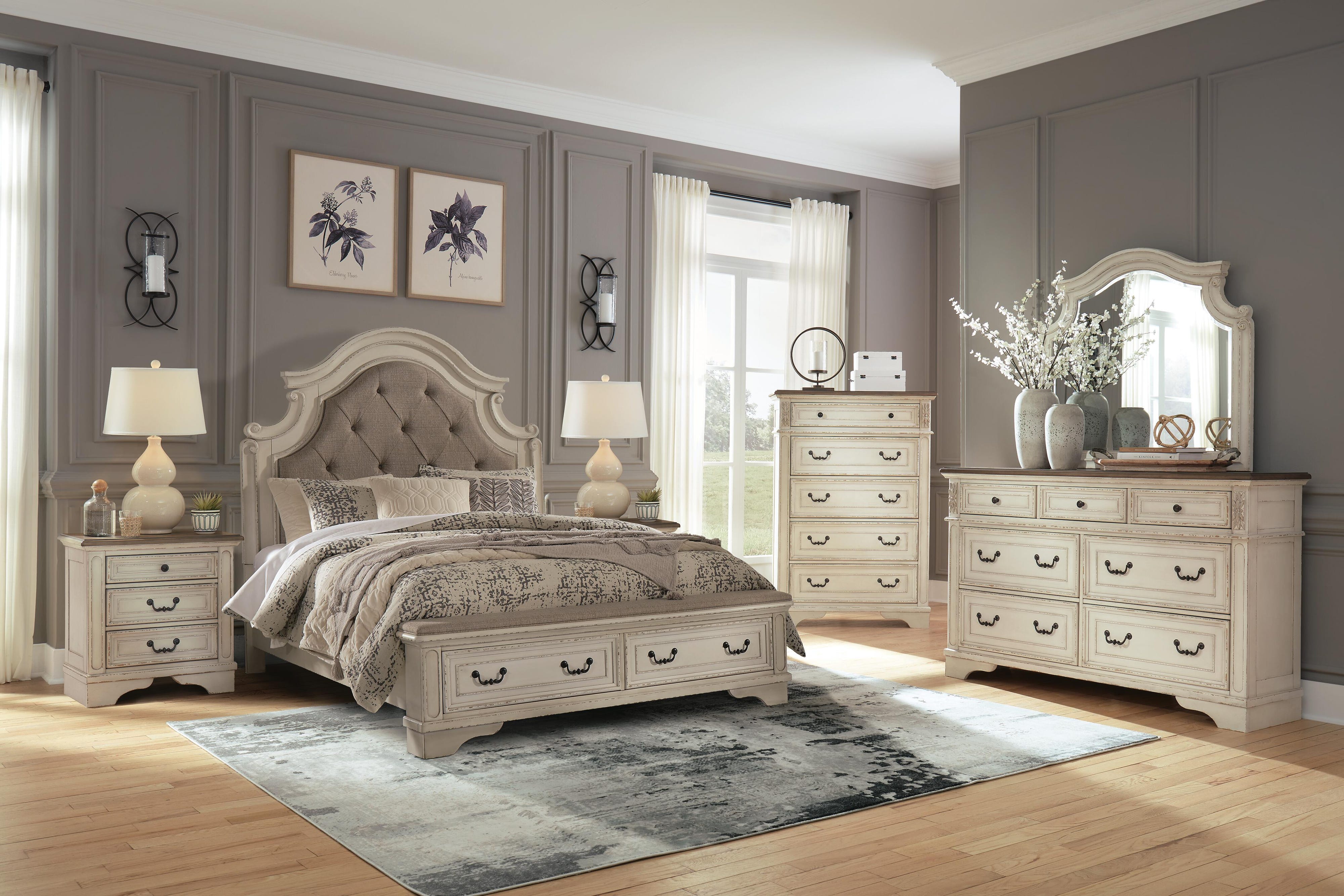 Realyn Upholstered Panel Bed with Storage, Dresser and Nightstand