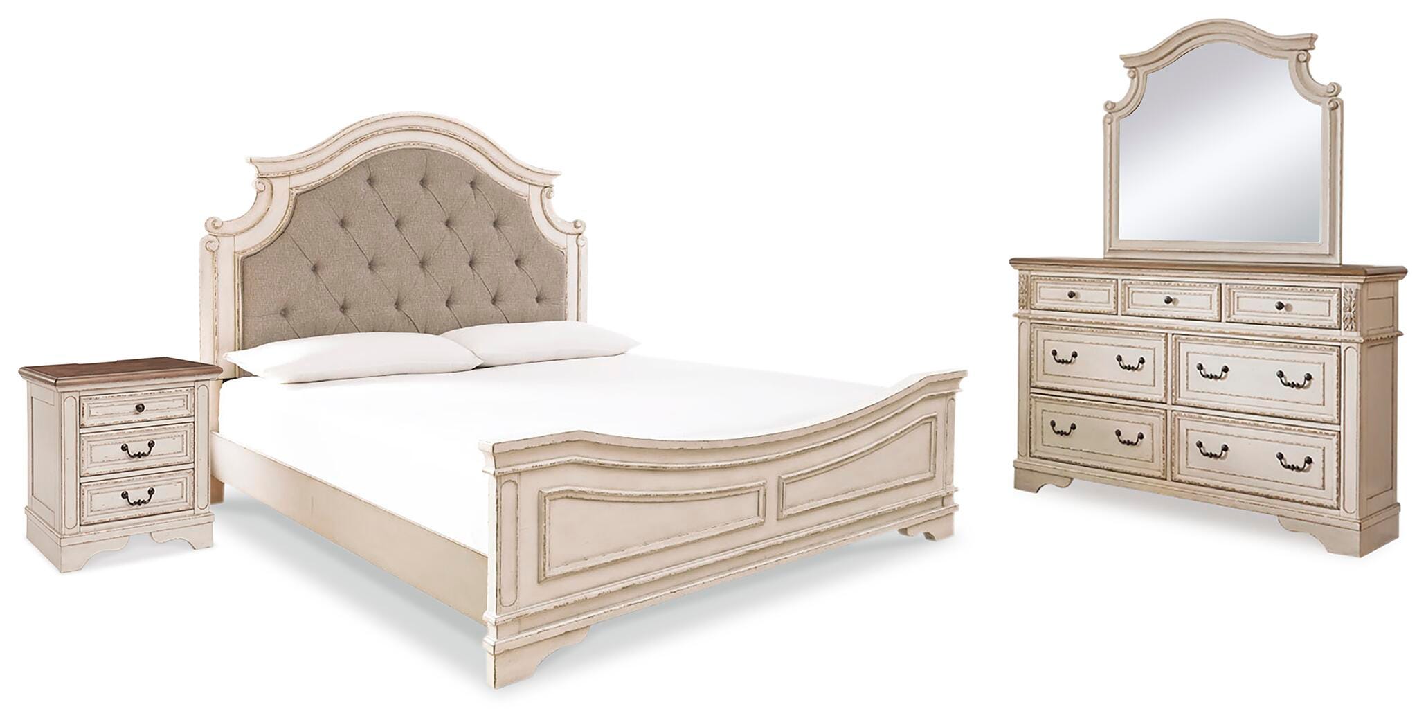 Realyn Panel Bed, Dresser, Mirror and Nightstand