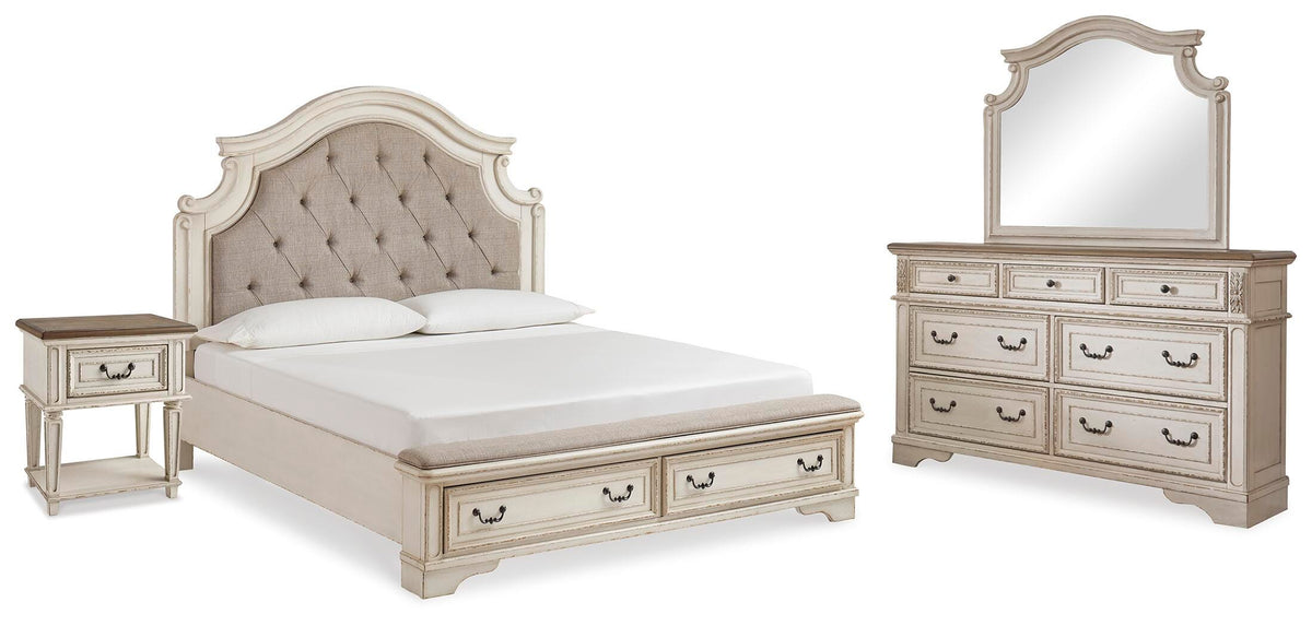 Realyn Storage Bed, Dresser, Mirror and Nightstand