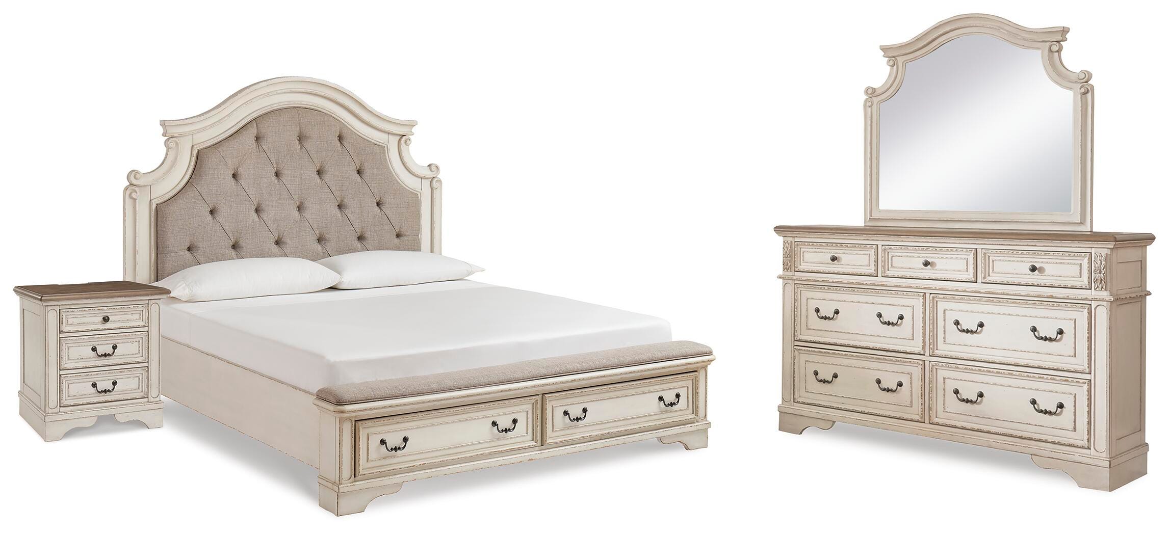 Realyn Upholstered Panel Bed, Dresser, Mirror and Nightstand