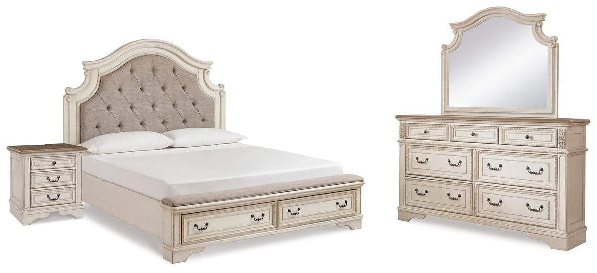 Realyn Upholstered Panel Bed, Dresser, Mirror and Nightstand