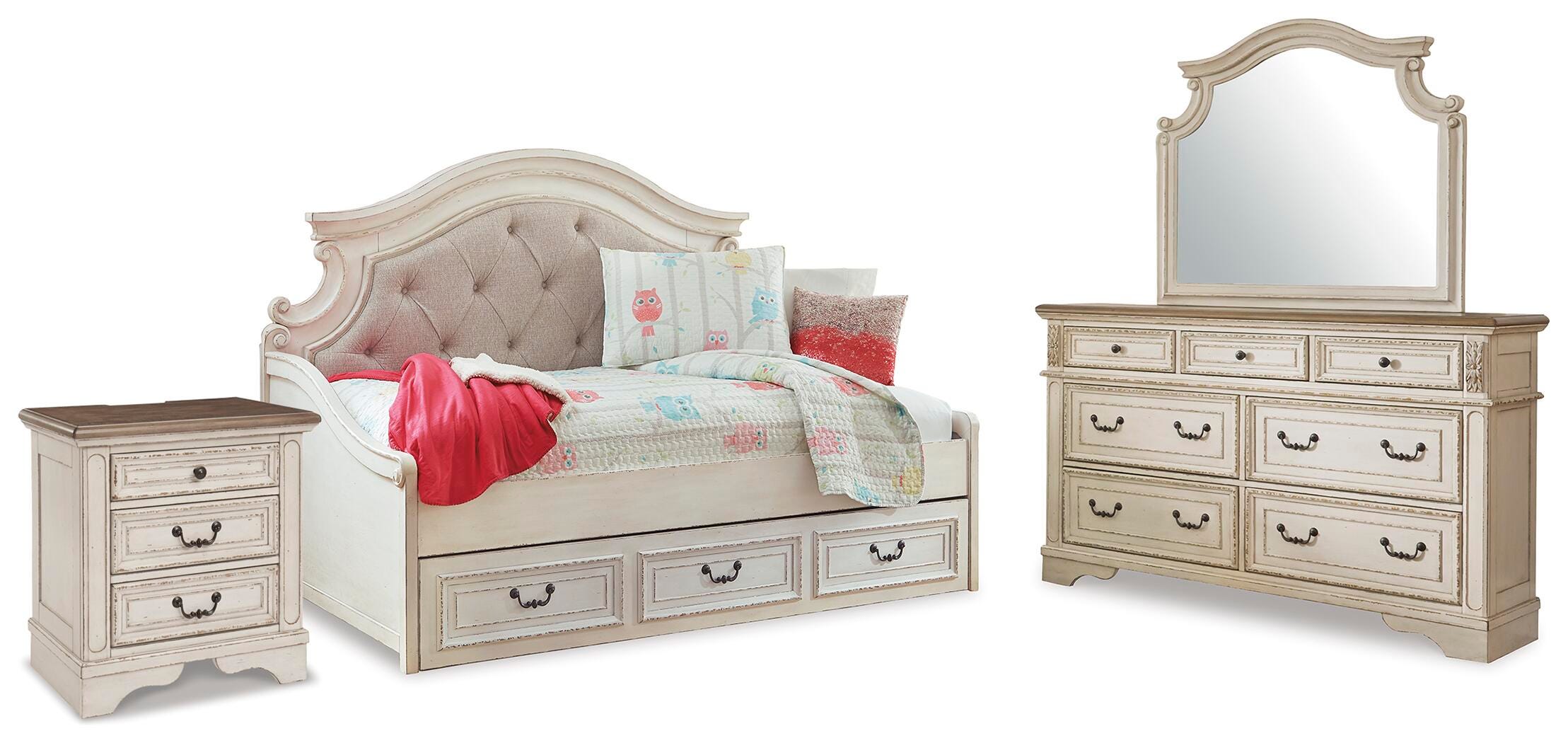 Realyn Day Bed with Storage, Dresser, Mirror and Nightstand