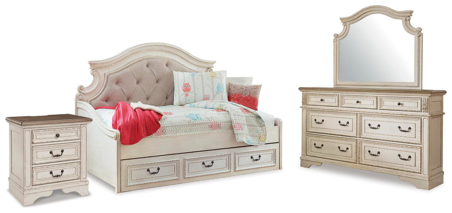 Realyn Day Bed with Storage, Dresser, Mirror and Nightstand